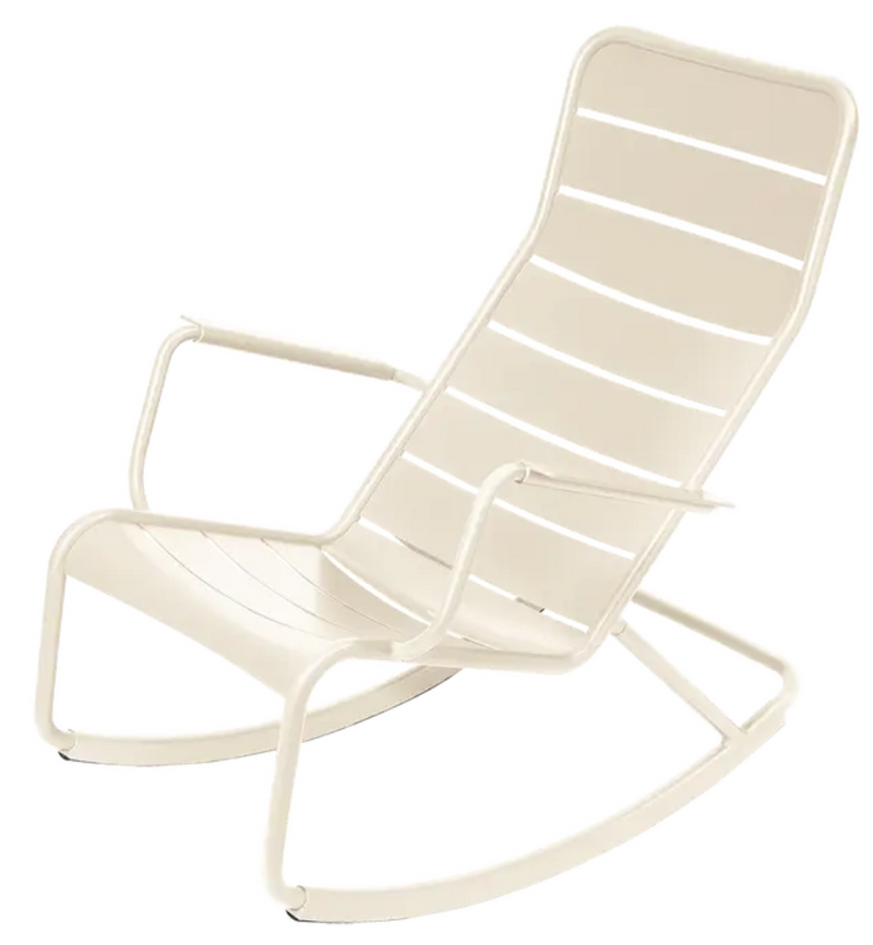 Load image into Gallery viewer, Latte beige Fermob Luxembourg outdoor rocking chair with aluminum frame, designed for garden or patio relaxation.