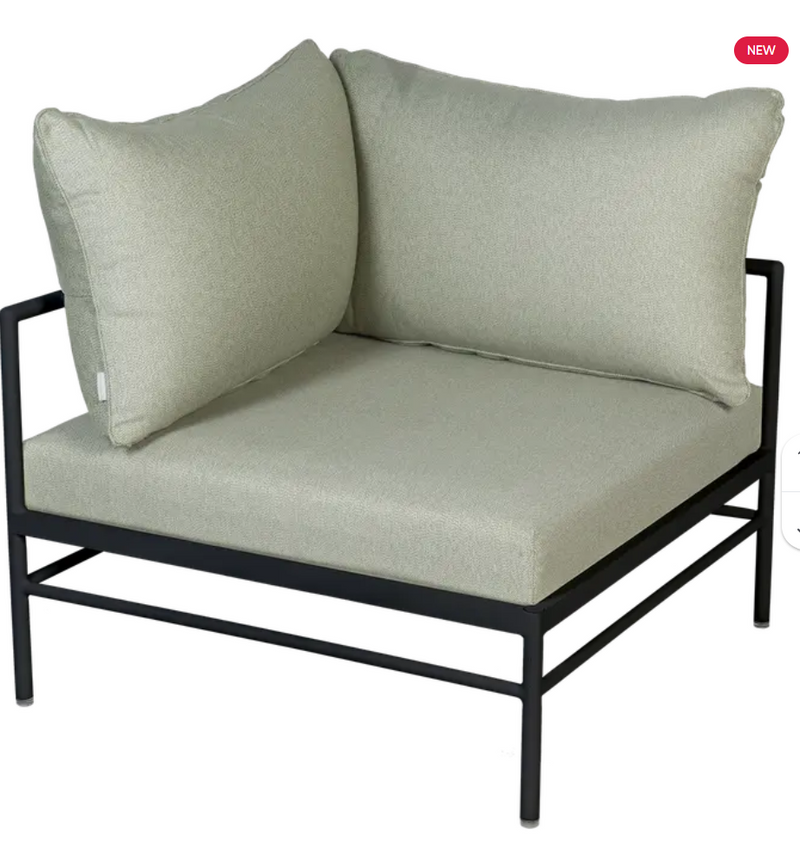 Load image into Gallery viewer, Fermob Rivage corner outdoor armchair in Liquorice Meadow Green with metal frame, designed for comfortable outdoor seating.