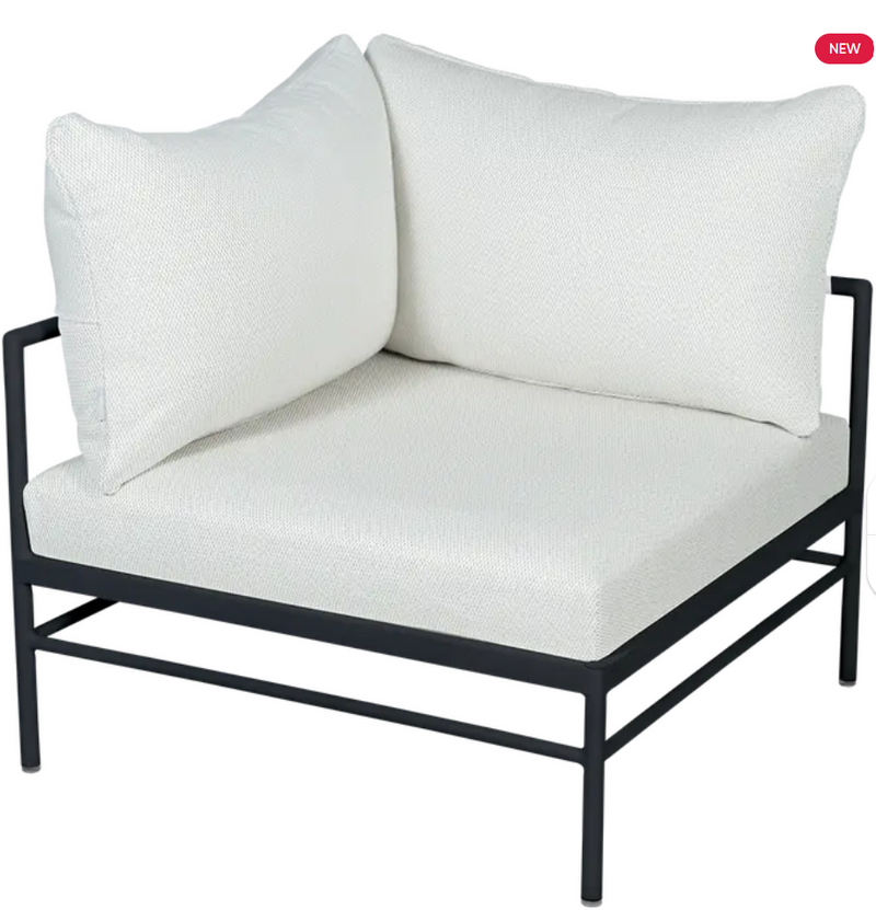Load image into Gallery viewer, Fermob Rivage corner outdoor armchair with metal frame in Liquorice Pearl, showcasing its stylish design and comfortable seating.