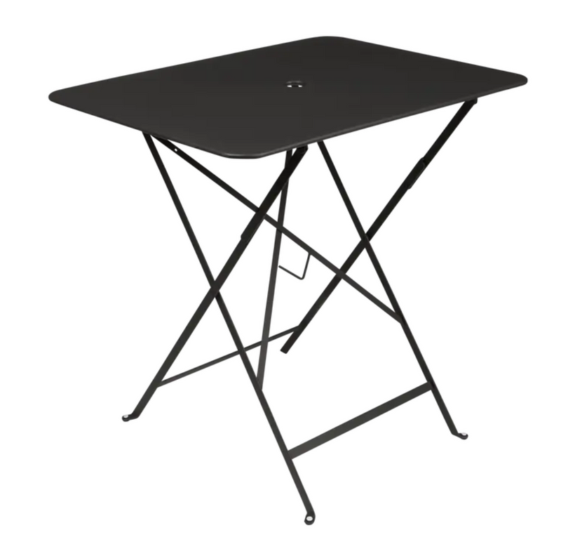 Load image into Gallery viewer, Fermob Liquorice foldable bistro table 77x57 cm with metal frame, suitable for outdoor use, shown in a compact, foldable design.