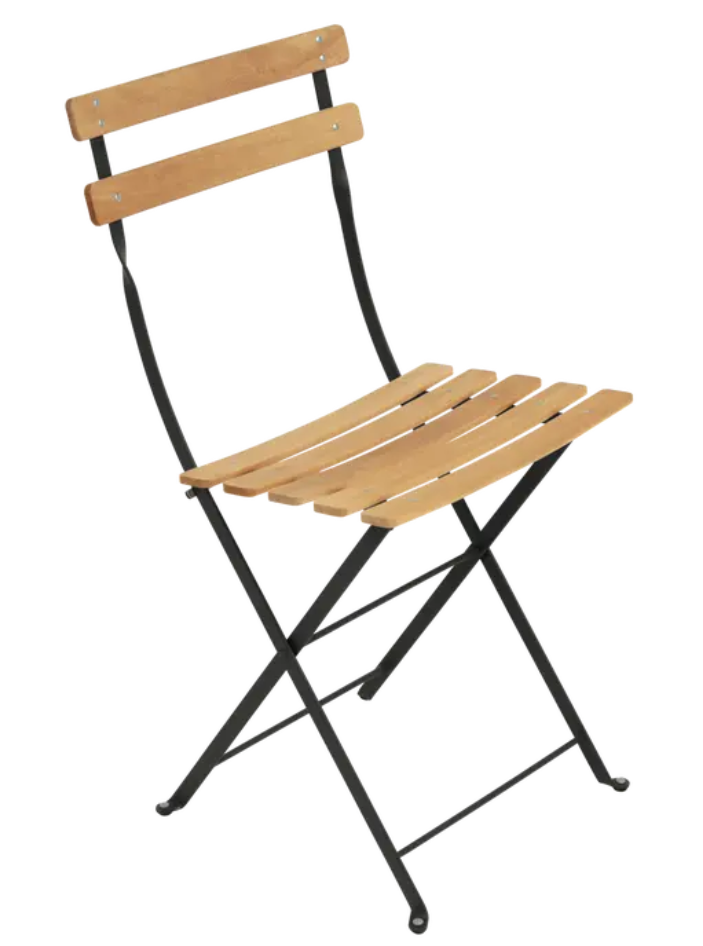 Load image into Gallery viewer, Fermob Bistro Natural folding chair with black metal frame and wooden seat, ideal for outdoor dining and patio furniture.