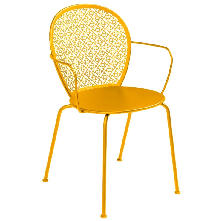 Load image into Gallery viewer, Fermob Lorette outdoor metal chair with curved backrest and armrests, suitable for restaurant and outdoor living settings.