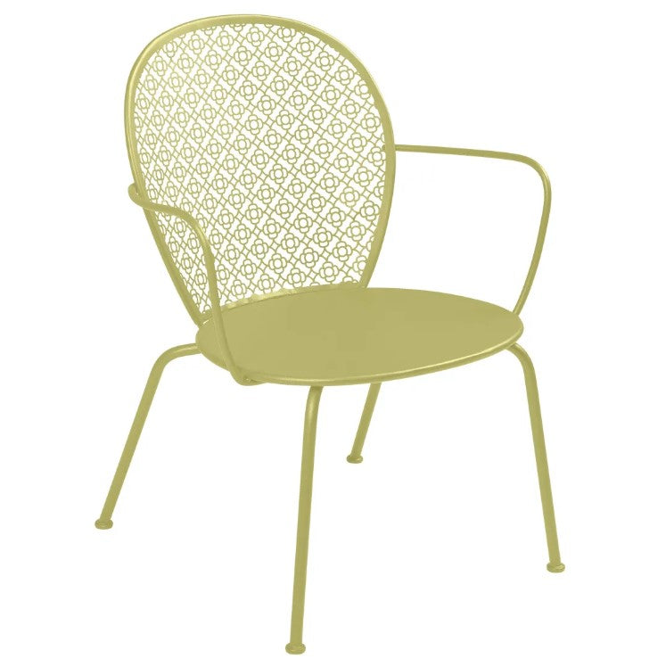 Load image into Gallery viewer, Fermob Lorette low armchair with metal frame and curved design, suitable for outdoor seating and hospitality settings.