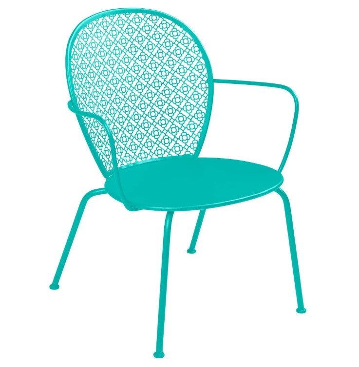 Load image into Gallery viewer, Fermob LORETTE low armchair with metal frame, featuring a stylish curved design, suitable for outdoor and hospitality settings.