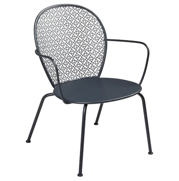 Load image into Gallery viewer, Fermob Lorette low armchair with metal frame, featuring a stylish curved design, suitable for outdoor and hospitality settings.