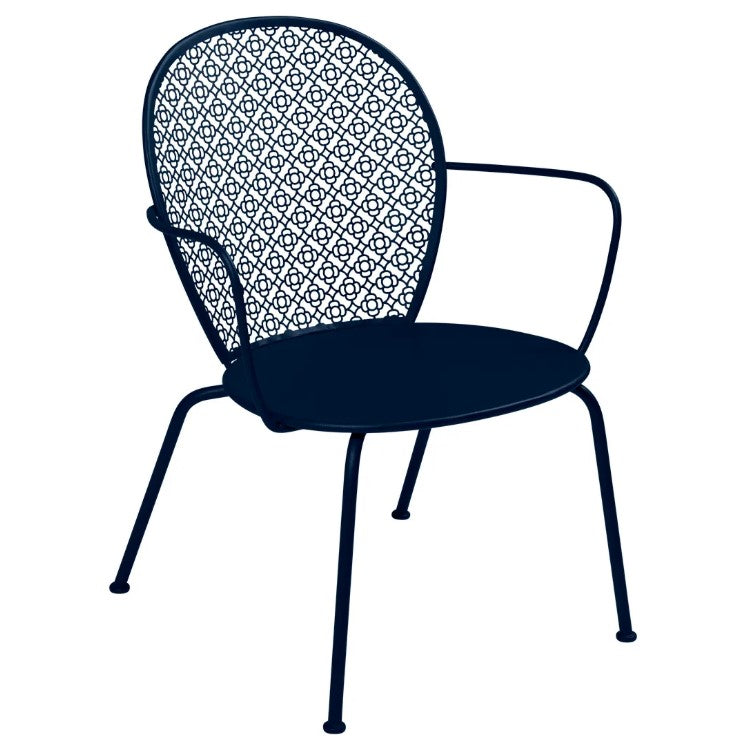 Load image into Gallery viewer, Fermob Lorette low metal armchair with a curved backrest, suitable for outdoor seating and hospitality settings.