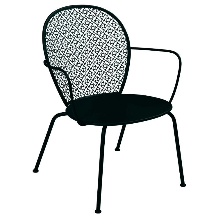 Load image into Gallery viewer, Fermob Lorette low armchair with a metal frame, featuring a curved backrest and armrests, ideal for outdoor or hospitality use.