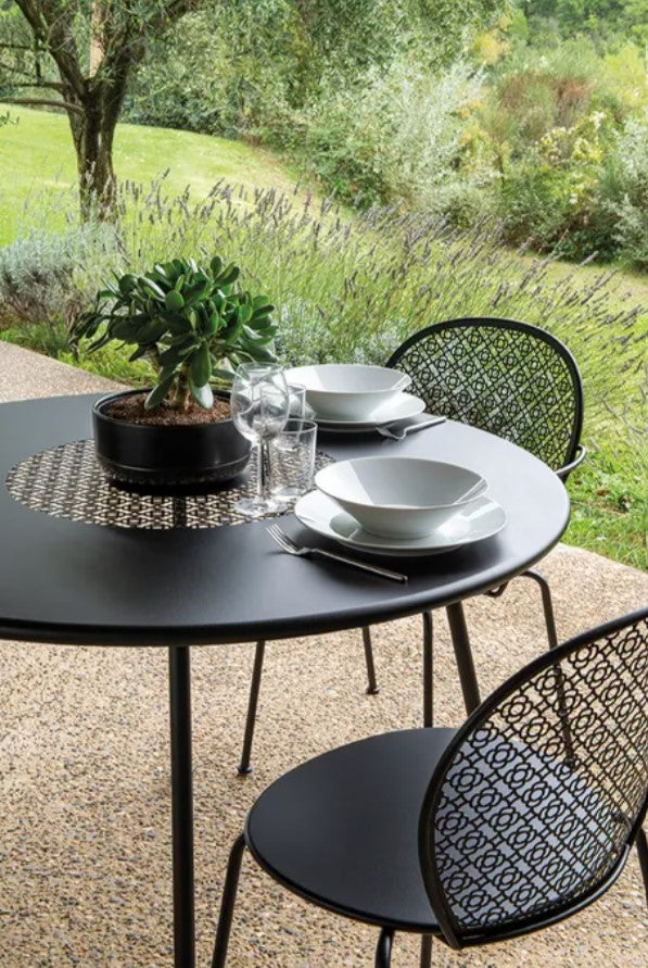 Load image into Gallery viewer, Fermob Lorette round metal garden table with 110 cm diameter, outdoor furniture for cafes, hotels, and hospitality settings.