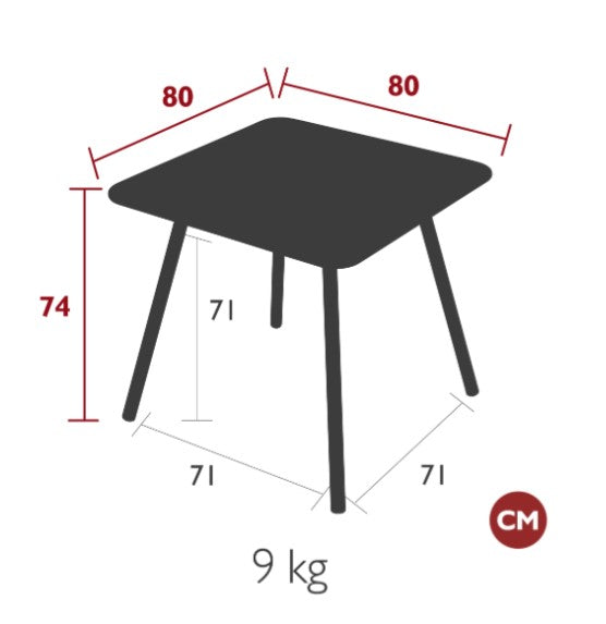 Load image into Gallery viewer, Fermob Luxembourg 4-leg garden table in metal, 80x80 cm, with a sleek, modern design perfect for outdoor dining or patio use.