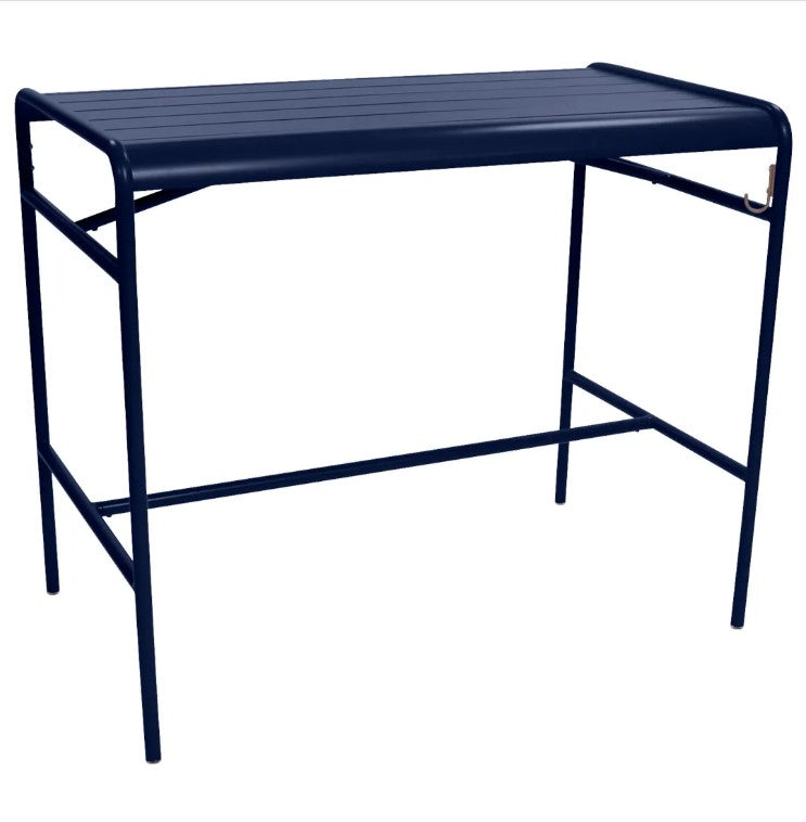 Load image into Gallery viewer, Blue-black Fermob Luxembourg high metal table measuring 126 x 73 cm with a sleek aluminum design.