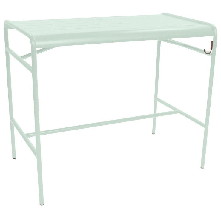 Load image into Gallery viewer, Light green Fermob Luxembourg high metal table measuring 126 x 73 cm, with a sleek aluminum design for modern outdoor dining.