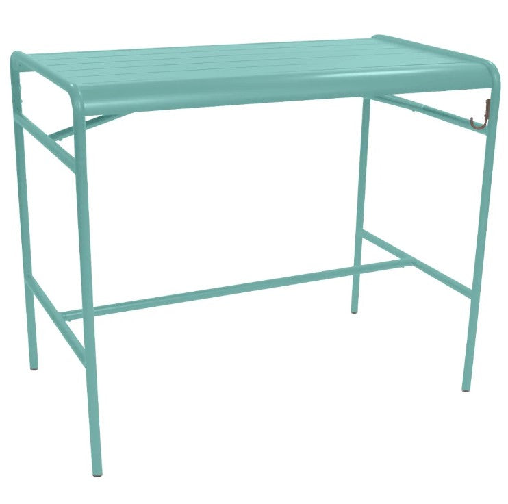 Load image into Gallery viewer, Fermob Luxembourg high metal table measuring 126 x 73 cm with a light teal aluminum finish, suitable for indoor or outdoor use.