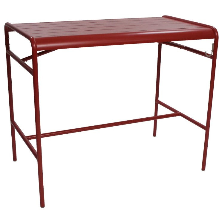 Load image into Gallery viewer, Red Fermob Luxembourg high table with metal frame and aluminum surface, measuring 126 x 73 cm, suitable for indoor or outdoor use.