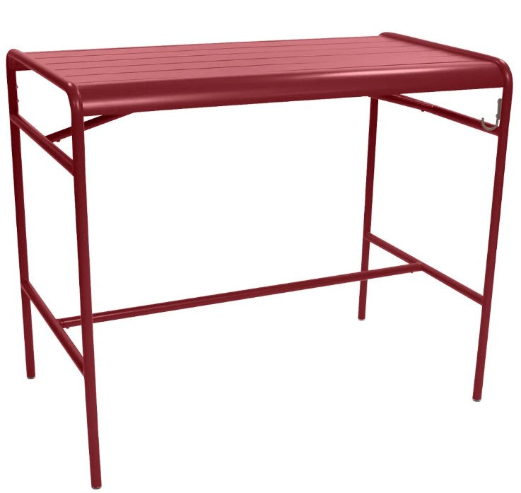 Load image into Gallery viewer, Red Fermob Luxembourg high table with a 126 x 73 cm metal top, featuring a sleek aluminum design for modern indoor or outdoor use.