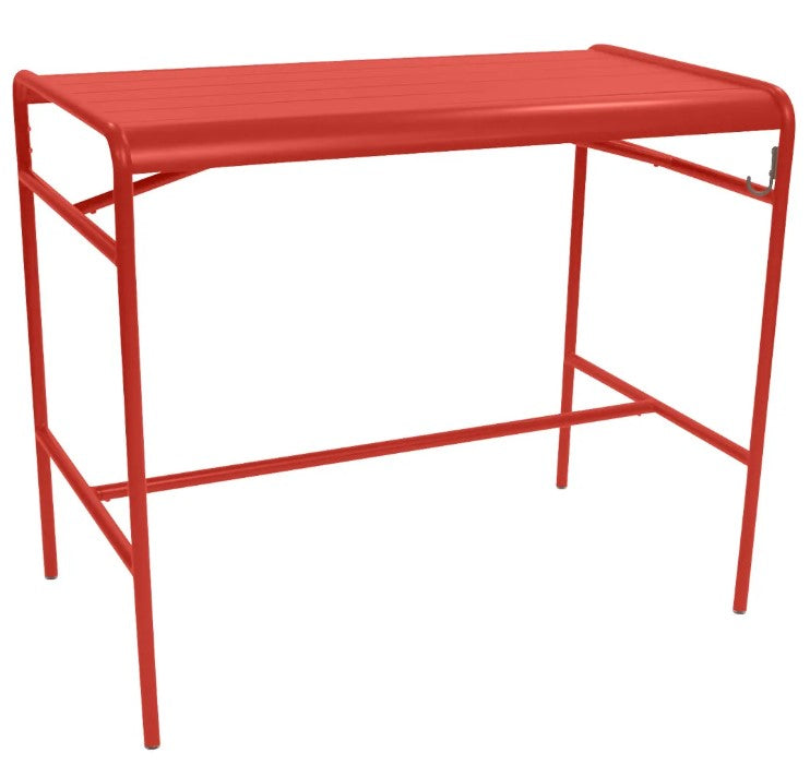 Load image into Gallery viewer, Red Fermob Luxembourg high table with a 126 x 73 cm metal tabletop and sleek aluminum design, ideal for modern outdoor spaces.