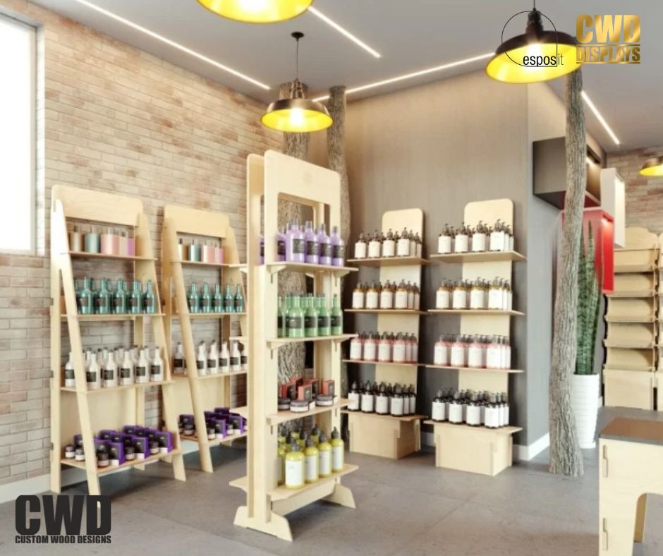 Esposit Market 600 food and beverage display stand with easy assembly retail furniture, sustainable printed design, slot together.