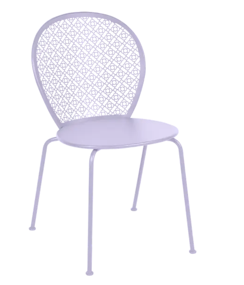 Load image into Gallery viewer, Colorful Fermob Lorette outdoor metal chair with a modern design, featuring a curved back and slim legs for outdoor patio use.