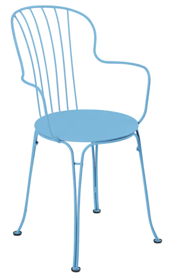 Load image into Gallery viewer, Maya blue Fermob OPÉRA+ outdoor metal armchair with curved armrests and slatted seat, designed for patio or garden use.