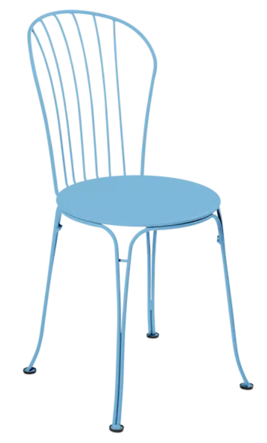 Load image into Gallery viewer, Fermob OPÉRA+ MayaBlue outdoor metal chair with curved backrest and slender legs for restaurant or outdoor seating.