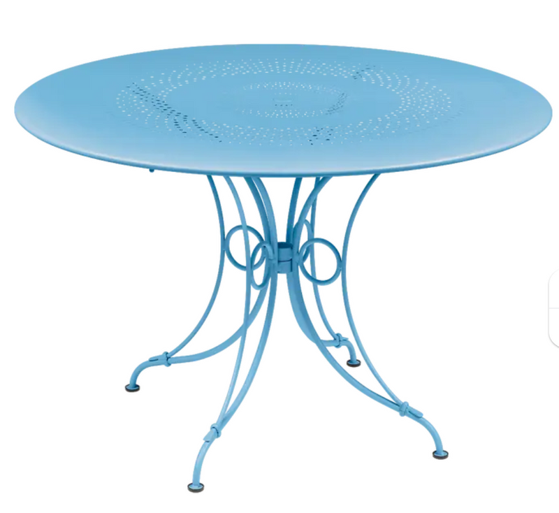 Load image into Gallery viewer, Fermob Maya Blue 1900 outdoor round table, 117 cm diameter, metal outdoor furniture for garden or patio use.