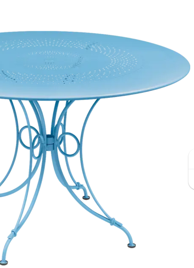Load image into Gallery viewer, Fermob outdoor 1900 table with 96cm diameter in vibrant Maya Blue, featuring a round tabletop and sturdy metal legs.