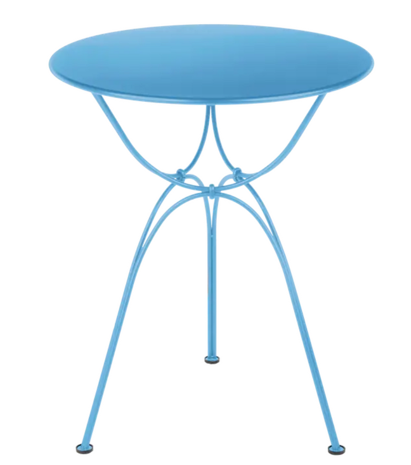 Load image into Gallery viewer, Maya Blue Fermob Airloop Garden Table with 60cm diameter metal tabletop and slender legs, outdoor furniture for garden or patio.