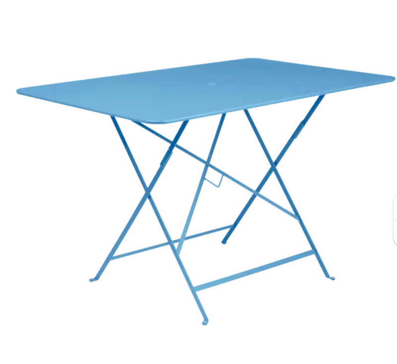 Load image into Gallery viewer, Fermob Maya Blue foldable bistro table, 117x77 cm, outdoor metal furniture with sleek, foldable design for outdoor dining.