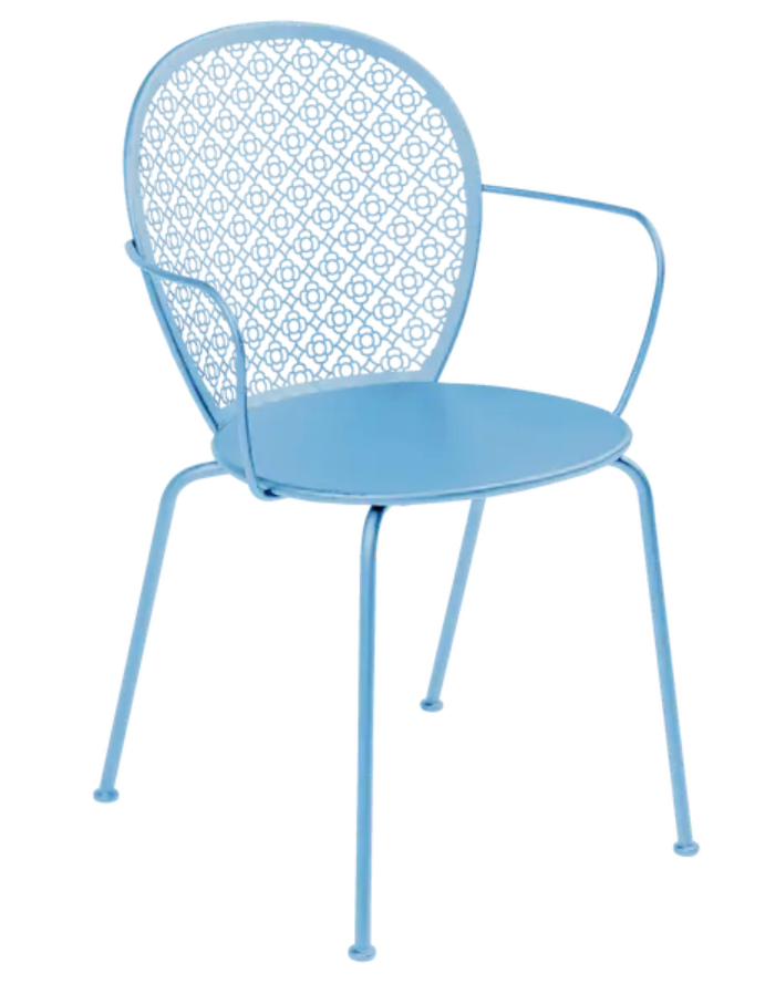 Load image into Gallery viewer, Maya Blue Fermob Lorette outdoor metal armchair with sleek design and curved armrests, ideal for garden or patio seating.