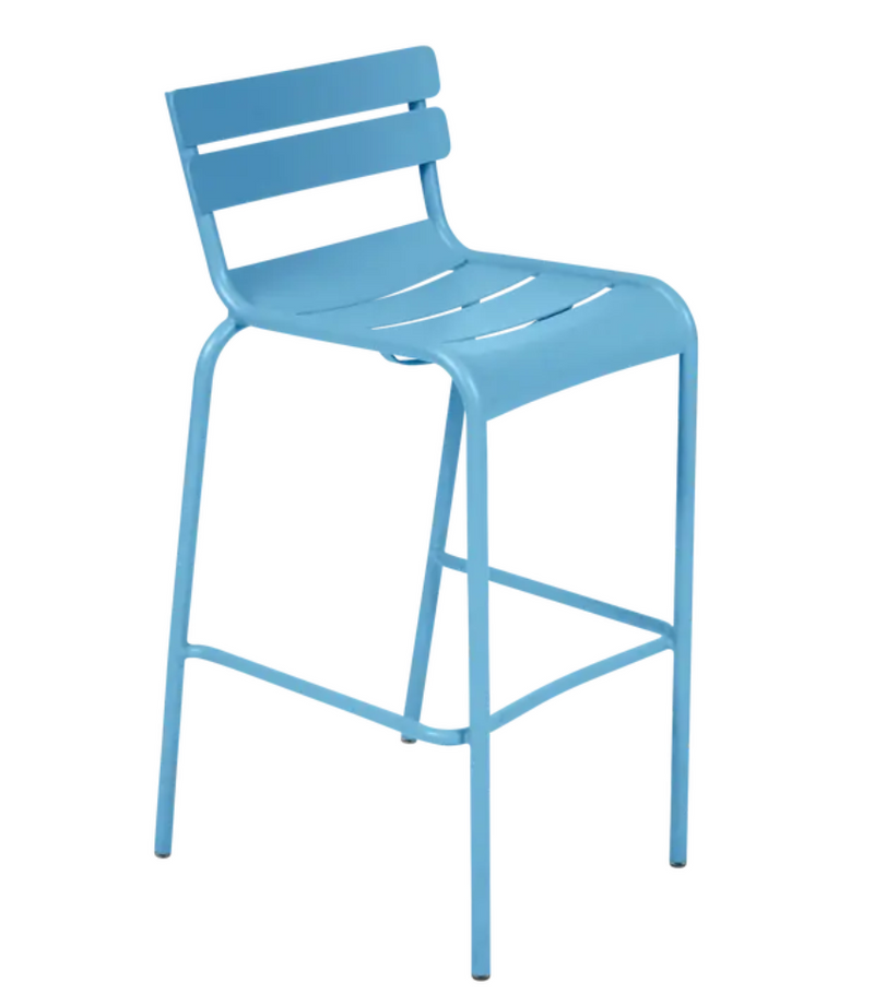 Load image into Gallery viewer, Blue Fermob Luxembourg bar armchair with metal frame, featuring armrests, designed for pub and bar seating.