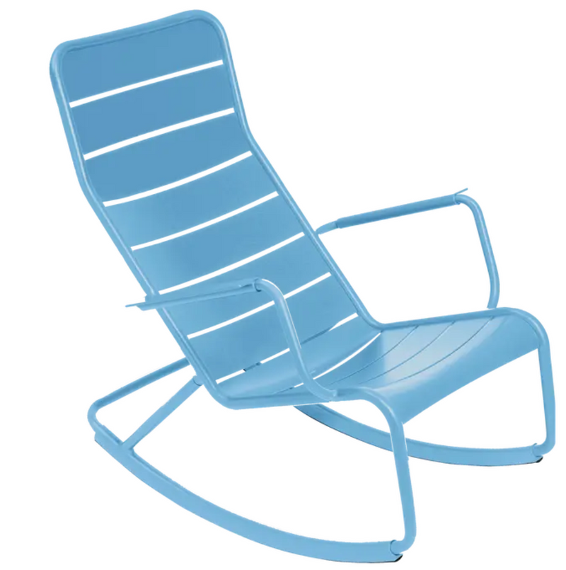 Load image into Gallery viewer, Fermob Luxembourg outdoor rocking chair in Maya Blue, featuring sleek aluminum design and curved armrests for outdoor relaxation.