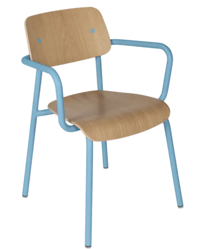 Load image into Gallery viewer, Maya Blue Fermob Studie Oak outdoor armchair with wooden armrests, designed for garden or patio seating.