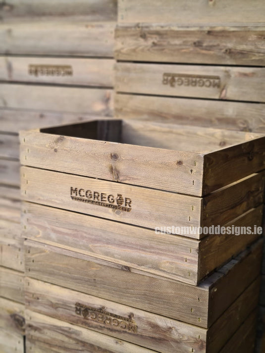 Custom Wood designs Crates Branded Crates Ireland Branded wooden crates corporate branding company logo on crates 