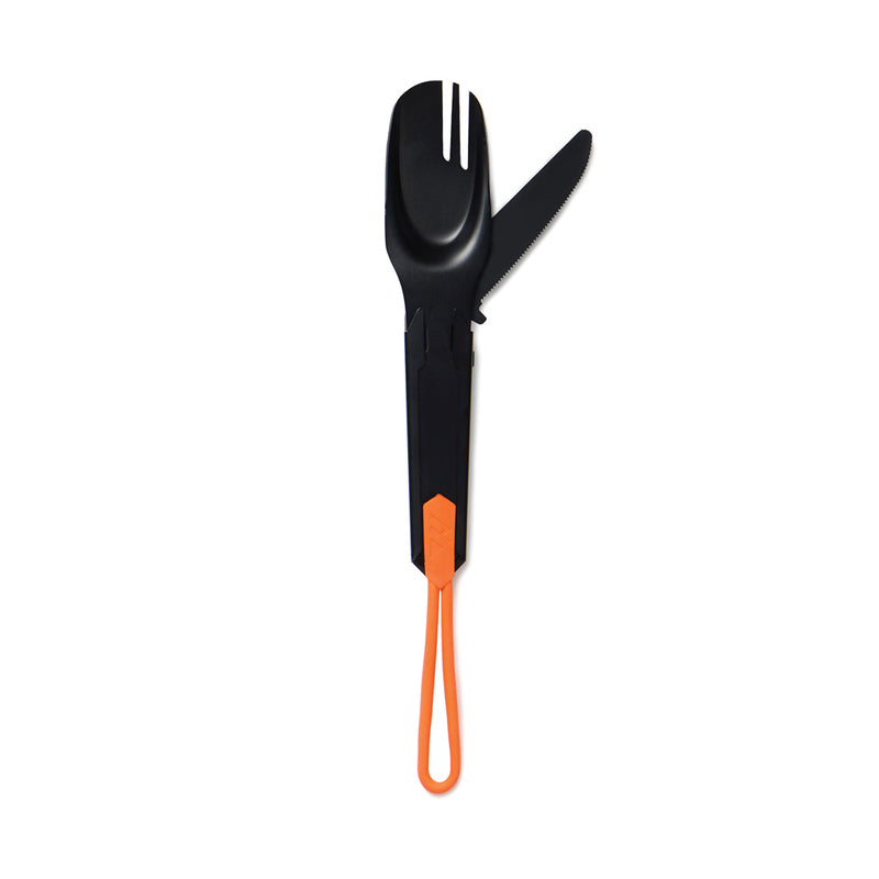 Load image into Gallery viewer, Nordic Drift 4-in-1 outdoor cutlery set with knife, fork, spoon, and bottle opener, designed for camping and outdoor adventures.