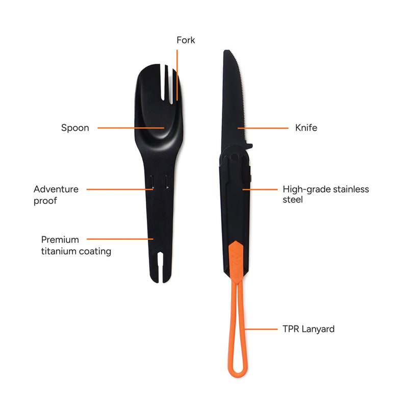 Load image into Gallery viewer, Nordic Drift 4-in-1 outdoor cutlery set with fork, knife, spoon, and bottle opener in compact design for camping and picnics