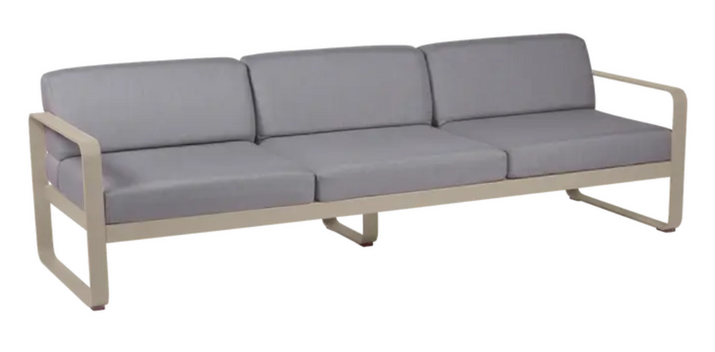 Load image into Gallery viewer, Fermob Bellevie 3-seater outdoor sofa with metal frame and grey nutmeg flannel cushions, suitable for garden or patio.