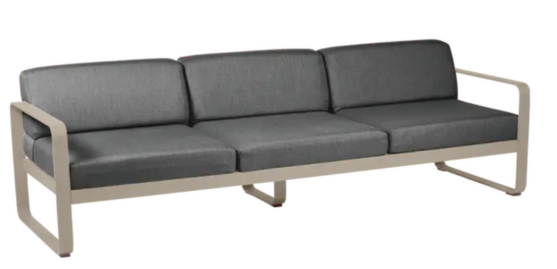Load image into Gallery viewer, Fermob Bellevie 3-seater outdoor sofa with metal frame in nutmeg and graphite grey, suitable for garden or patio use.