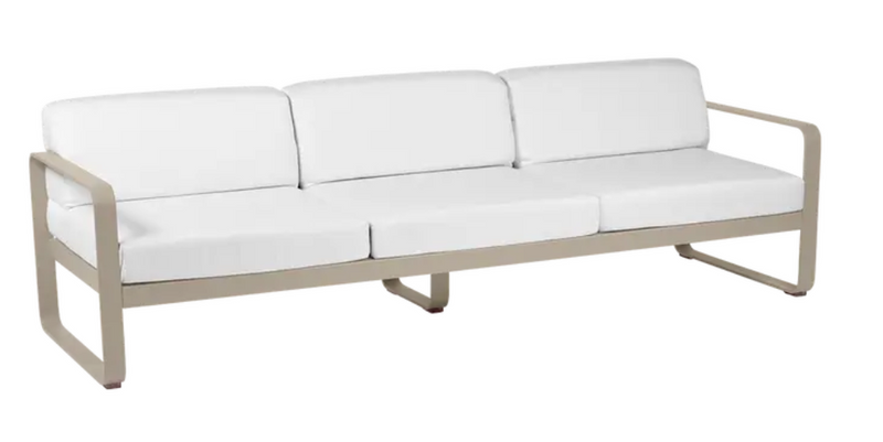 Load image into Gallery viewer, Bellevie 3-seater outdoor sofa by Fermob with a nutmeg-colored metal frame and off-white cushion, suitable for outdoor terrace.