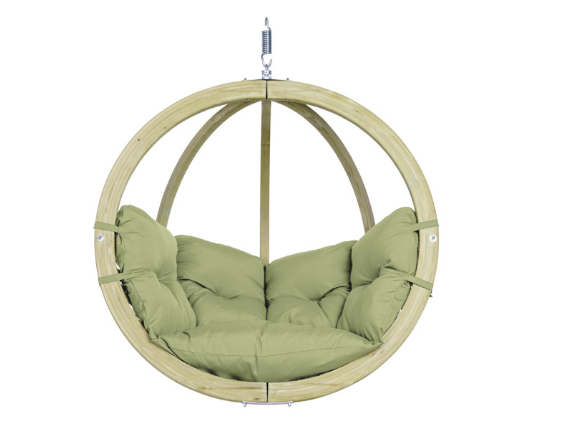 Load image into Gallery viewer, Amazonas Globo Wood Hanging Chair with olive-colored cushion, crafted from wood, designed for outdoor relaxation.