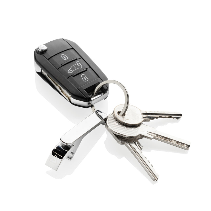 Load image into Gallery viewer, RCS recycled zinc alloy bottle opener keychain from XD Collection attached to a lanyard, showcasing eco-friendly design and durable metal.