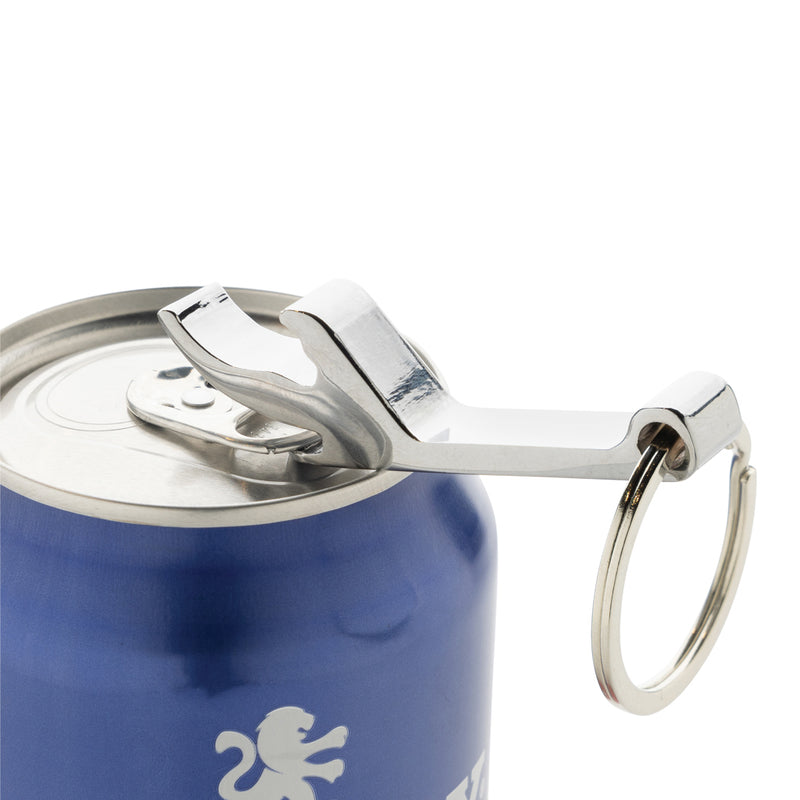 Load image into Gallery viewer, Recycled zinc alloy RCS bottle opener keychain from XD Collection attached to a lanyard, featuring a sleek and durable design.