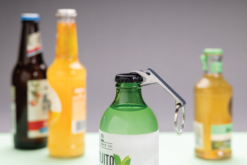 Load image into Gallery viewer, XD Collection RCS recycled zinc alloy bottle opener keychain attached to a lanyard, featuring a sleek design and durable construction.