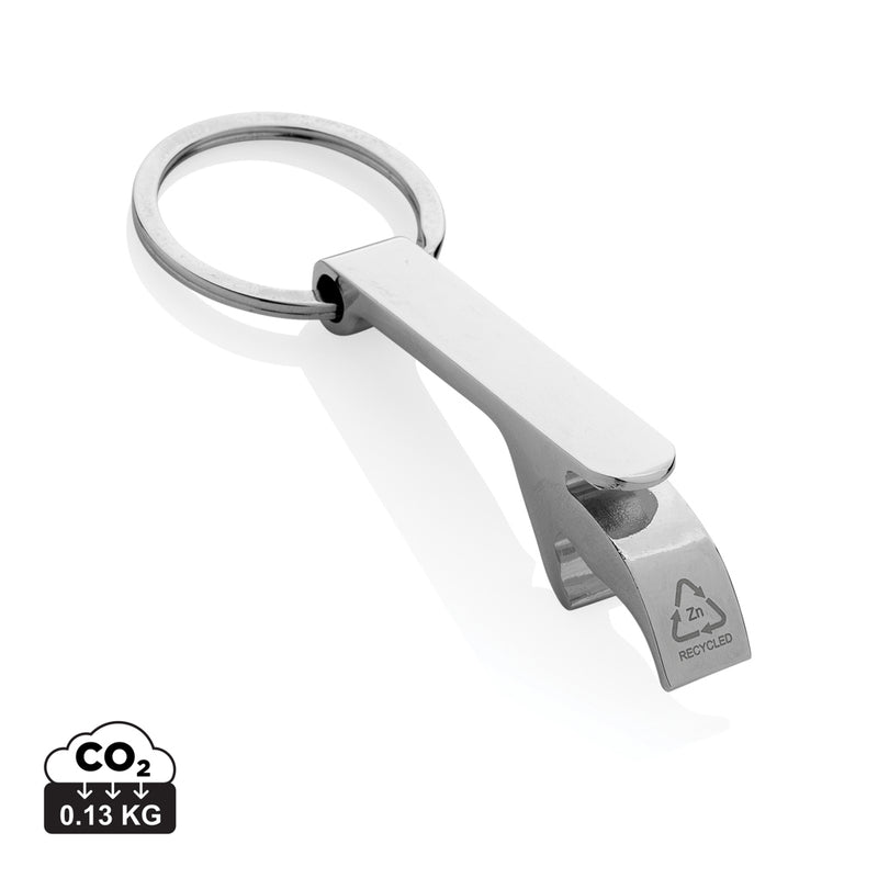 Load image into Gallery viewer, XD Collection recycled zinc alloy bottle opener keychain attached to a lanyard, featuring a sleek, durable design with branded logo.