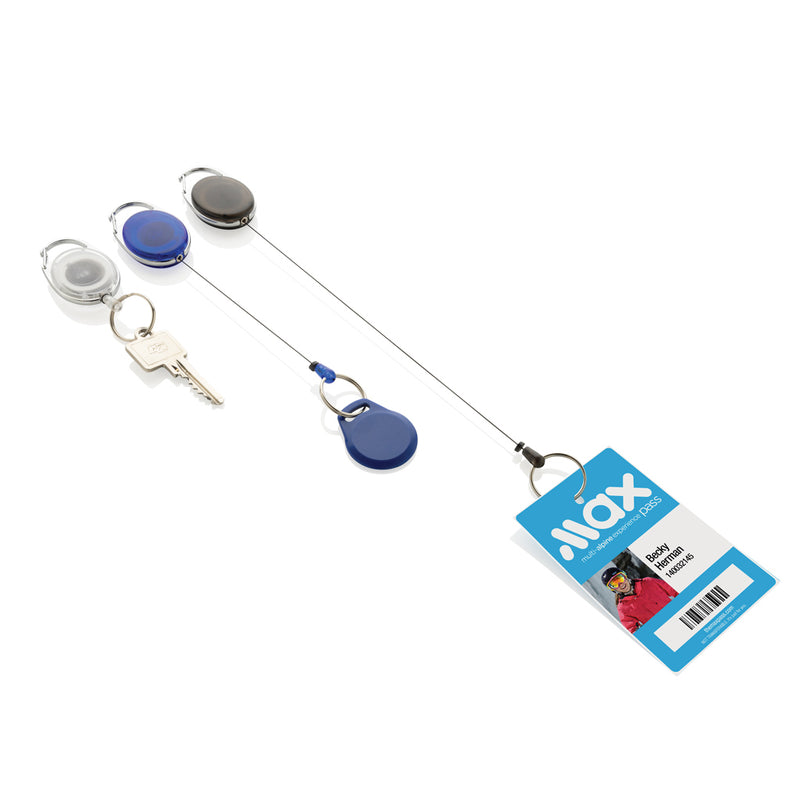 Load image into Gallery viewer, Recycled ABS roller clip keychain from XD Collection, durable lanyard with a metal roller clip for keys or ID badges.