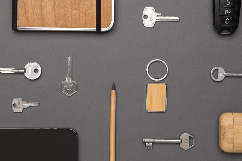 Load image into Gallery viewer, RCS recycled zinc alloy rectangle keychain with bamboo - Custom Wood Designs