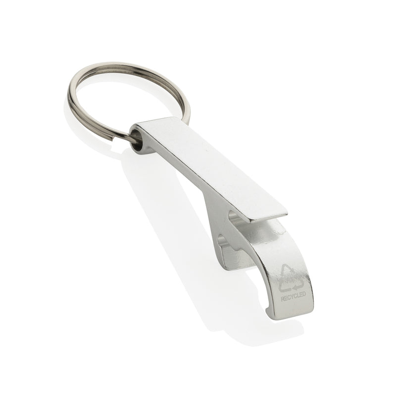 Load image into Gallery viewer, XD Collection RCS recycled aluminum bottle and can opener attached to a lanyard, with a sleek metallic finish and ergonomic design.