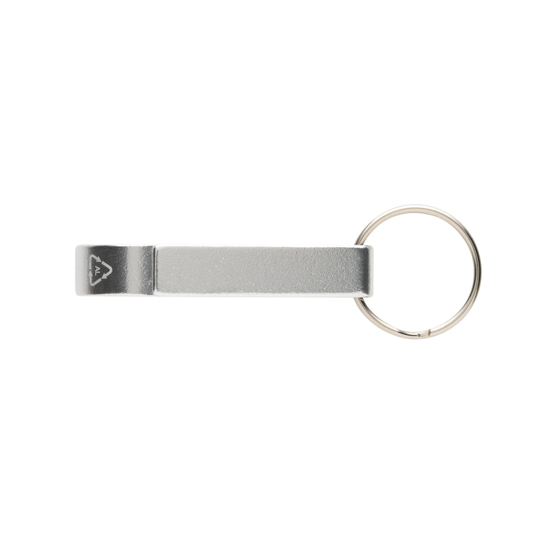 Load image into Gallery viewer, RCS recycled aluminum bottle and can opener attached to XD Collection lanyard, showcasing eco-friendly design and durable metal construction.