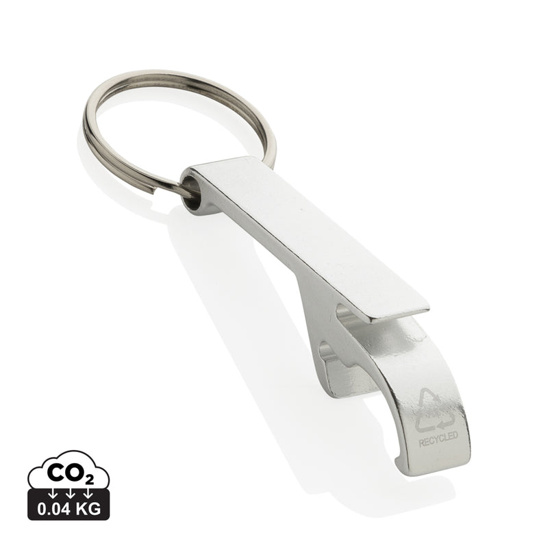 Load image into Gallery viewer, RCS recycled aluminum bottle and can opener attached to XD Collection lanyard, showcasing eco-friendly design and functional keychain tool.