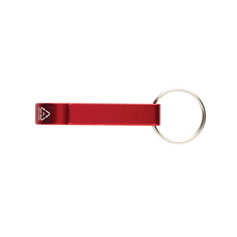 Load image into Gallery viewer, Recycled aluminum bottle and can opener attached to XD Collection lanyard, eco-friendly keychain accessory with keyring attachment.