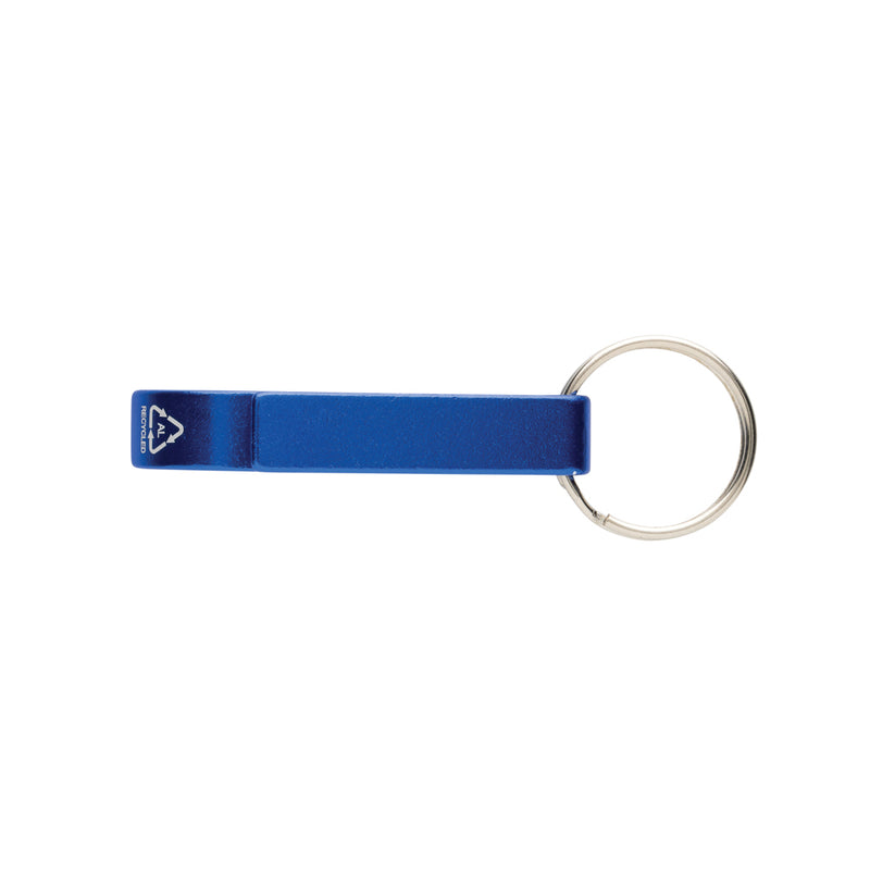 Load image into Gallery viewer, XD Collection RCS recycled aluminum bottle and can opener attached to a lanyard, showcasing eco-friendly design and durable metal construction.