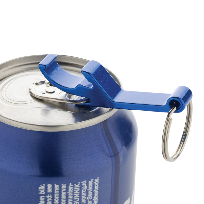 Load image into Gallery viewer, XD Collection RCS recycled aluminum bottle and can opener attached to a keychain on a lanyard, showcasing eco-friendly design.
